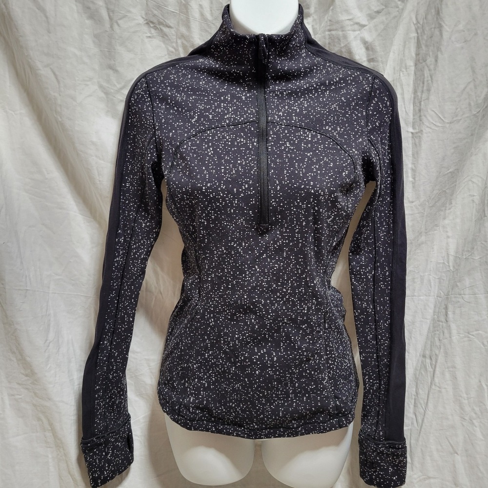 Lululemon Women Run Briskly Size 6 Pique Black White 1/2 Zip Activewear Top